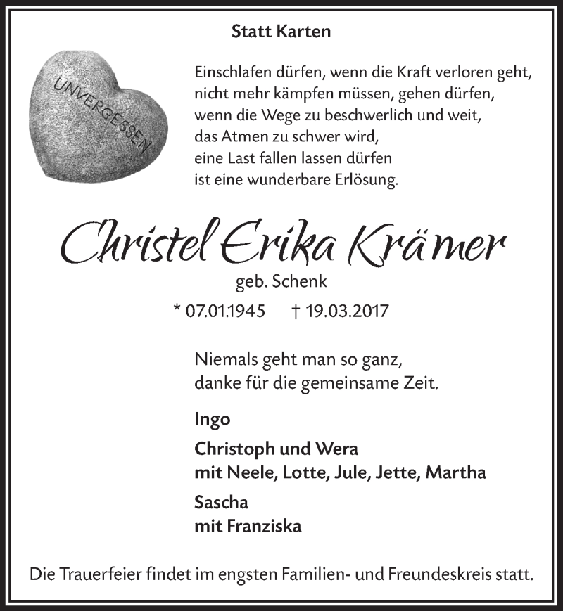  Traueranzeige für Christel Erika Krämer vom 22.03.2017 aus  Lokalanzeiger 