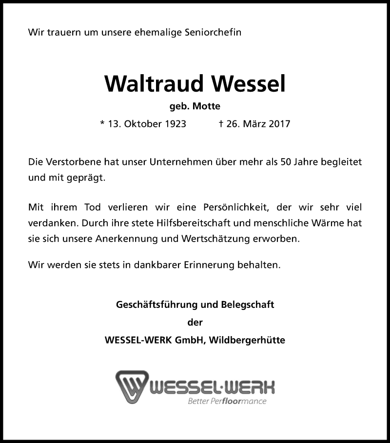  Traueranzeige für Waltraud Wessel vom 30.03.2017 aus Kölner Stadt-Anzeiger / Kölnische Rundschau / Express
