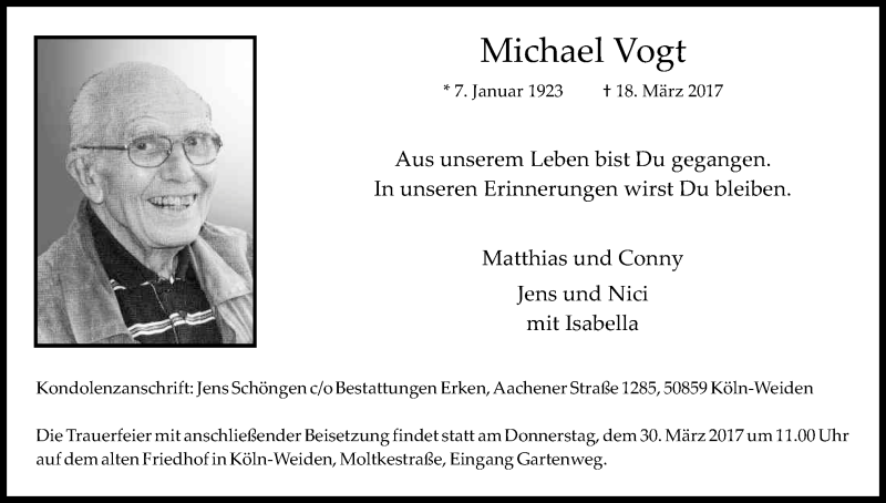  Traueranzeige für Michael Vogt vom 25.03.2017 aus Kölner Stadt-Anzeiger / Kölnische Rundschau / Express