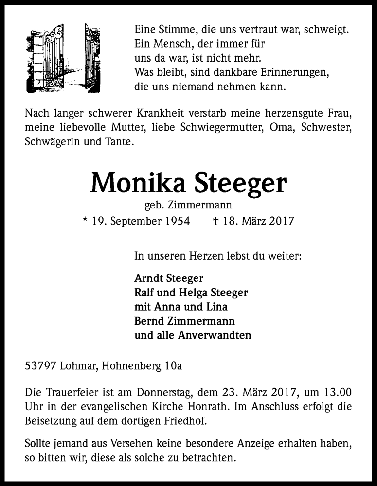  Traueranzeige für Monika Steeger vom 22.03.2017 aus Kölner Stadt-Anzeiger / Kölnische Rundschau / Express