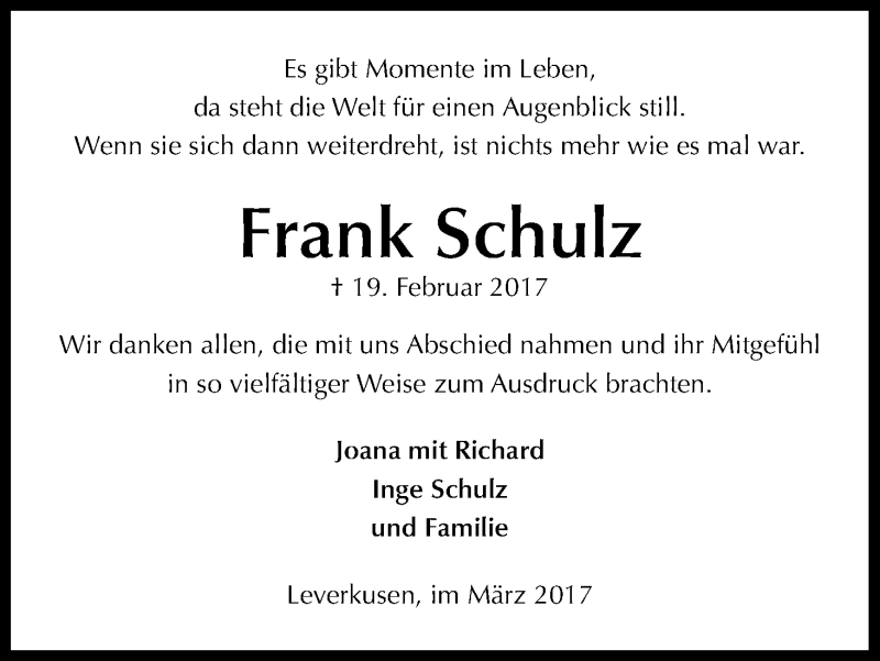  Traueranzeige für Frank Schulz vom 25.03.2017 aus Kölner Stadt-Anzeiger / Kölnische Rundschau / Express