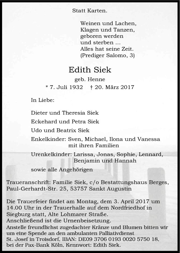  Traueranzeige für Edith Siek vom 29.03.2017 aus Kölner Stadt-Anzeiger / Kölnische Rundschau / Express