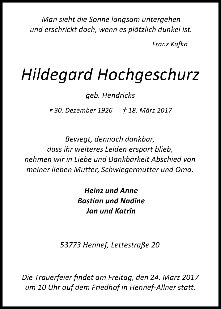  Traueranzeige für Hildegard Hochgeschurz vom 21.03.2017 aus Kölner Stadt-Anzeiger / Kölnische Rundschau / Express