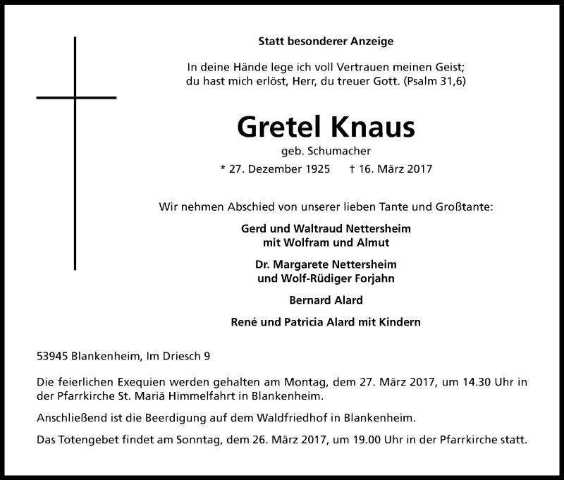  Traueranzeige für Gretel Knaus vom 23.03.2017 aus Kölner Stadt-Anzeiger / Kölnische Rundschau / Express