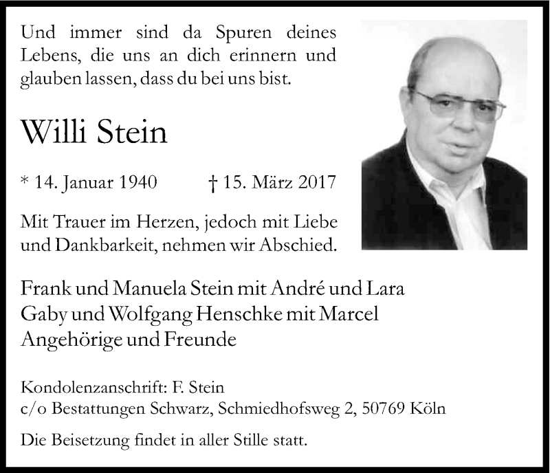  Traueranzeige für Willi Stein vom 25.03.2017 aus Kölner Stadt-Anzeiger / Kölnische Rundschau / Express