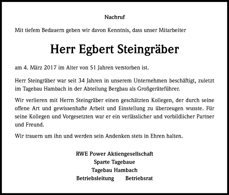  Traueranzeige für Egbert Steingräber vom 17.03.2017 aus Kölner Stadt-Anzeiger / Kölnische Rundschau / Express