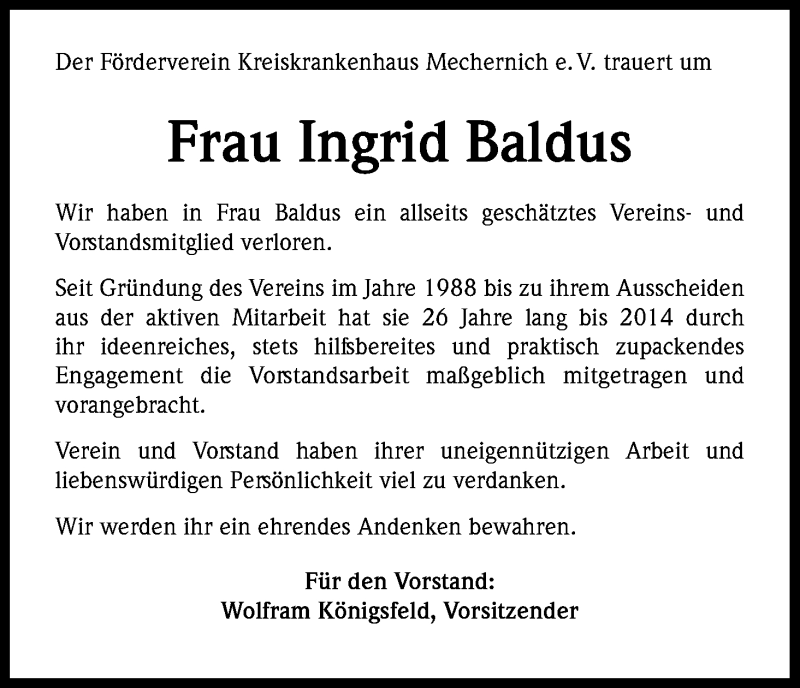  Traueranzeige für Ingrid Baldus vom 31.03.2017 aus Kölner Stadt-Anzeiger / Kölnische Rundschau / Express