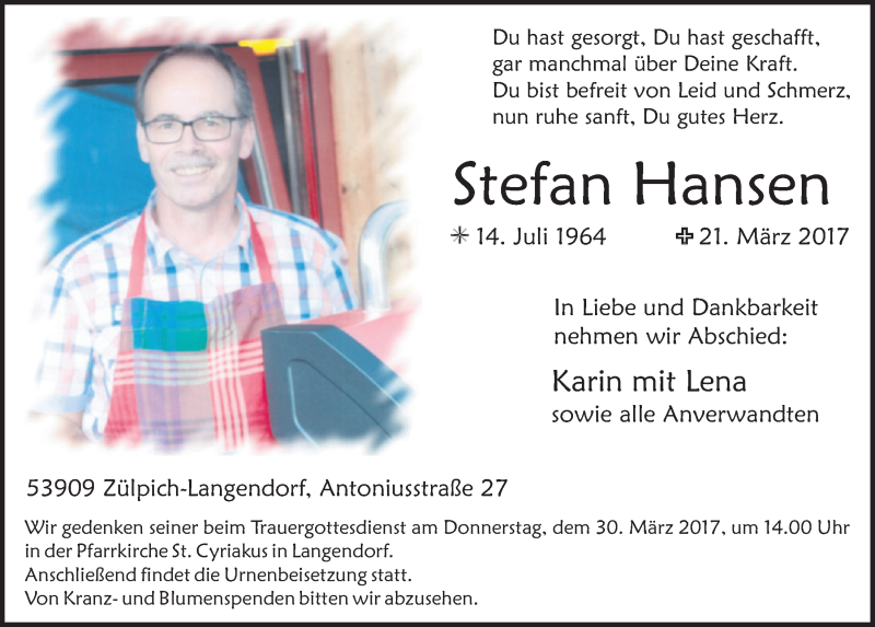  Traueranzeige für Stefan Hansen vom 25.03.2017 aus  Blickpunkt Euskirchen 