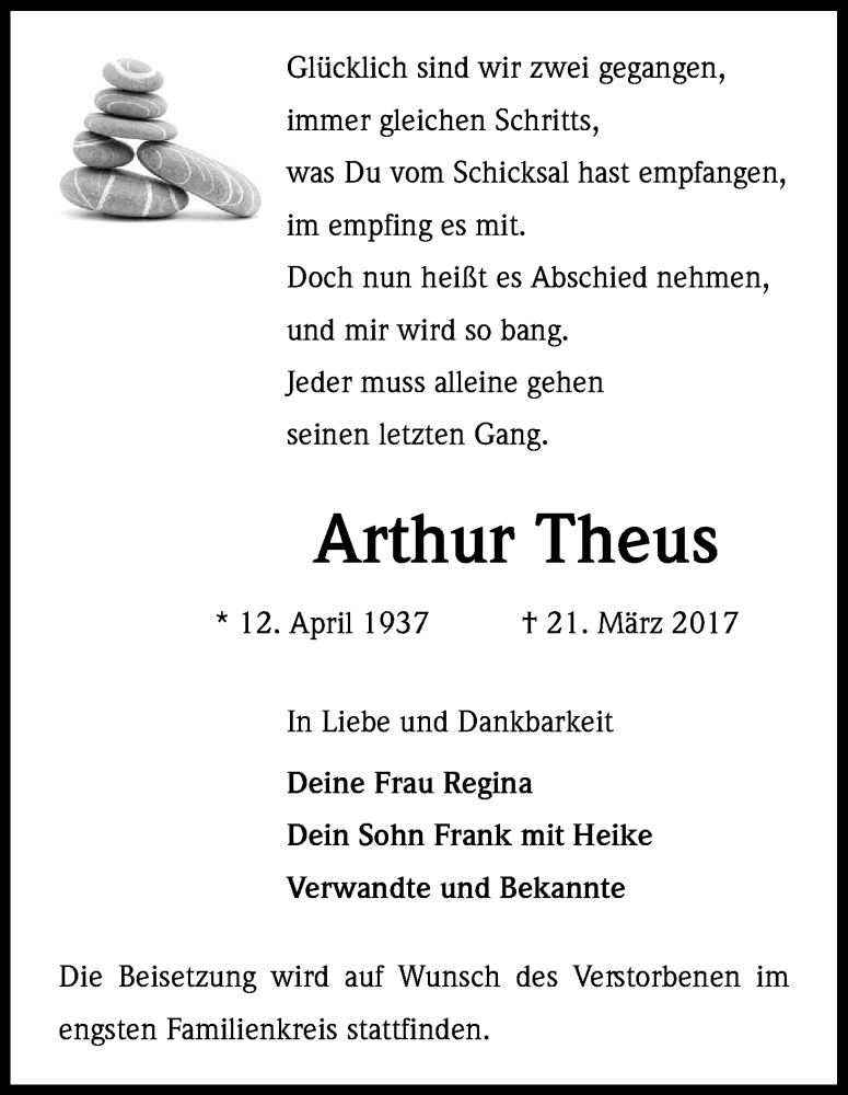  Traueranzeige für Arthur Theus vom 25.03.2017 aus Kölner Stadt-Anzeiger / Kölnische Rundschau / Express