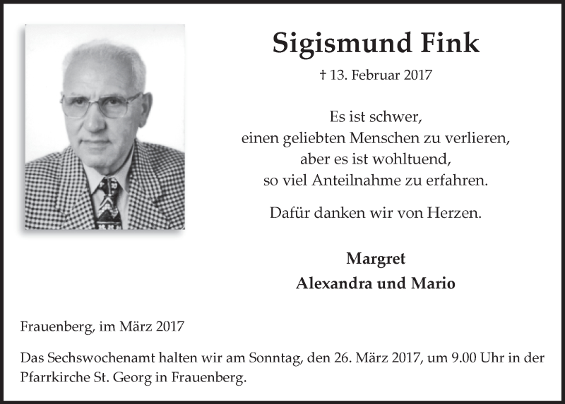  Traueranzeige für Sigismund Fink vom 18.03.2017 aus  Blickpunkt Euskirchen 