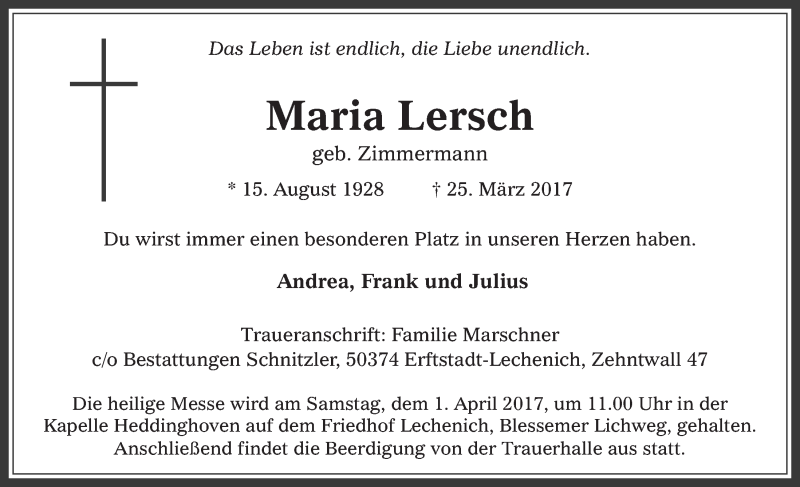  Traueranzeige für Maria Lersch vom 29.03.2017 aus  Werbepost 