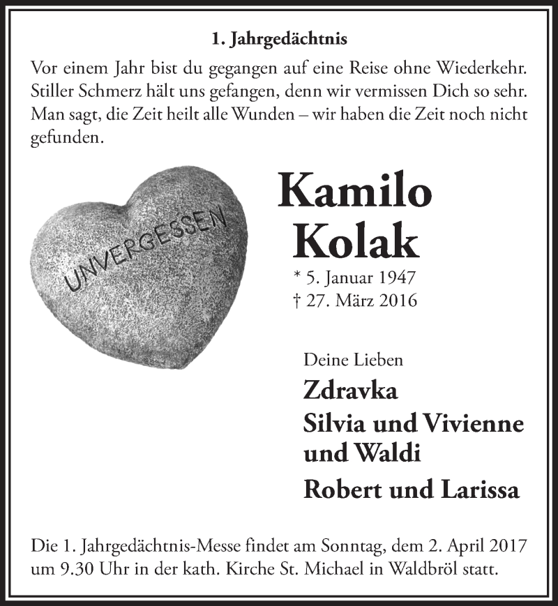  Traueranzeige für Kamilo Kolak vom 29.03.2017 aus  Lokalanzeiger 