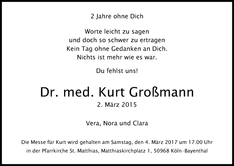  Traueranzeige für Kurt Großmann vom 04.03.2017 aus Kölner Stadt-Anzeiger / Kölnische Rundschau / Express