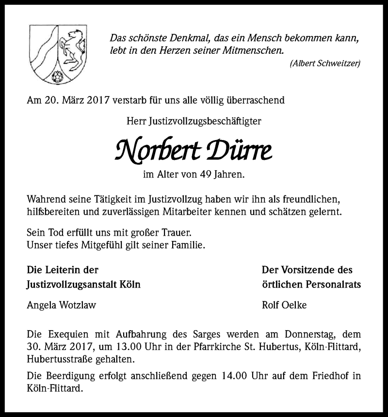  Traueranzeige für Norbert Dürre vom 25.03.2017 aus Kölner Stadt-Anzeiger / Kölnische Rundschau / Express