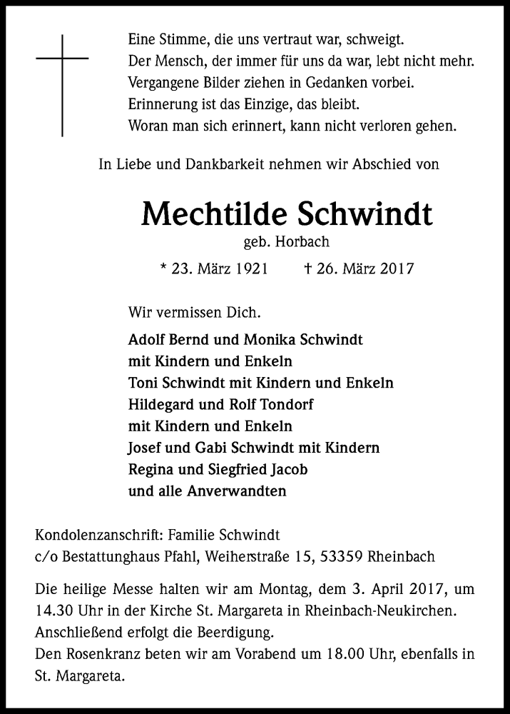  Traueranzeige für Mechtilde Schwindt vom 29.03.2017 aus Kölner Stadt-Anzeiger / Kölnische Rundschau / Express