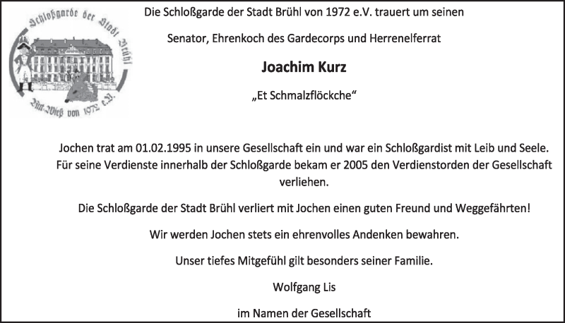  Traueranzeige für Joachim Kurz vom 29.03.2017 aus  Schlossbote/Werbekurier 