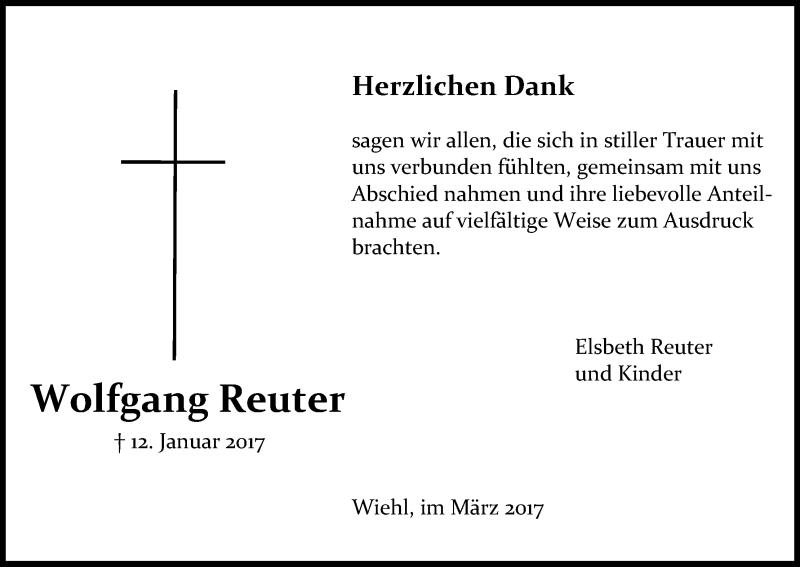  Traueranzeige für Wolfgang Reuter vom 15.03.2017 aus Kölner Stadt-Anzeiger / Kölnische Rundschau / Express