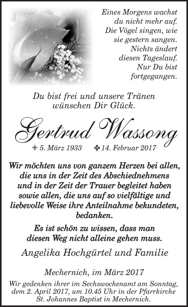  Traueranzeige für Gertrud Wassong vom 18.03.2017 aus  Blickpunkt Euskirchen 