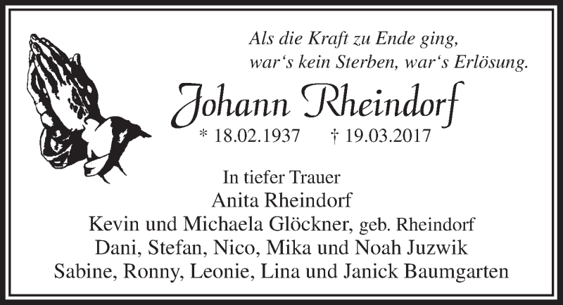  Traueranzeige für Johann Rheindorf vom 22.03.2017 aus  Bergisches Handelsblatt 