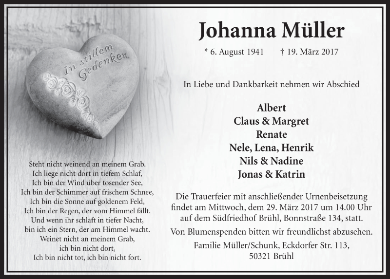  Traueranzeige für Johanna Müller vom 22.03.2017 aus  Schlossbote/Werbekurier 