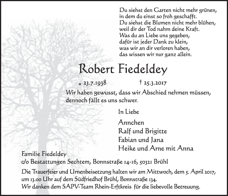  Traueranzeige für Robert Fiedeldey vom 29.03.2017 aus  Schlossbote/Werbekurier 