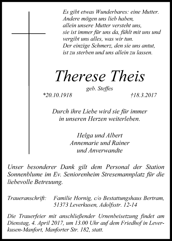  Traueranzeige für Therese Theis vom 25.03.2017 aus Kölner Stadt-Anzeiger / Kölnische Rundschau / Express