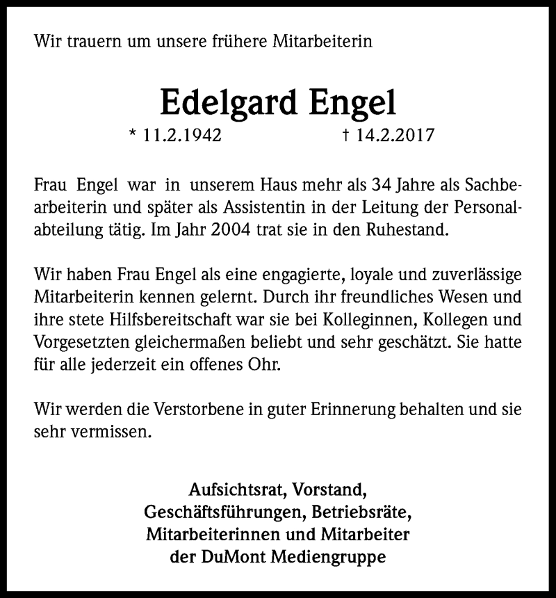  Traueranzeige für Edelgard Engel vom 11.03.2017 aus Kölner Stadt-Anzeiger / Kölnische Rundschau / Express