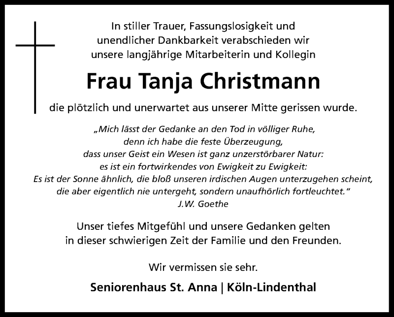  Traueranzeige für Tanja Christmann vom 04.03.2017 aus Kölner Stadt-Anzeiger / Kölnische Rundschau / Express
