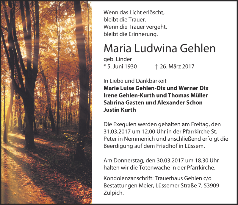  Traueranzeige für Maria Ludwina Gehlen vom 29.03.2017 aus  Werbepost 