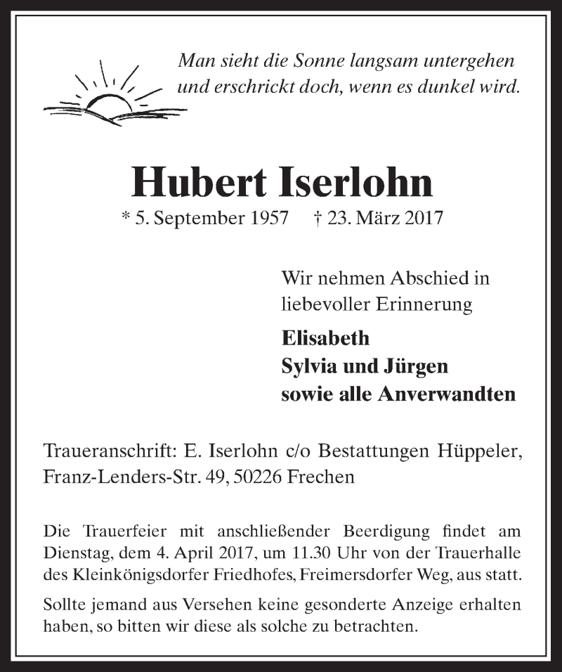  Traueranzeige für Hubert Iserlohn vom 29.03.2017 aus  Wochenende 