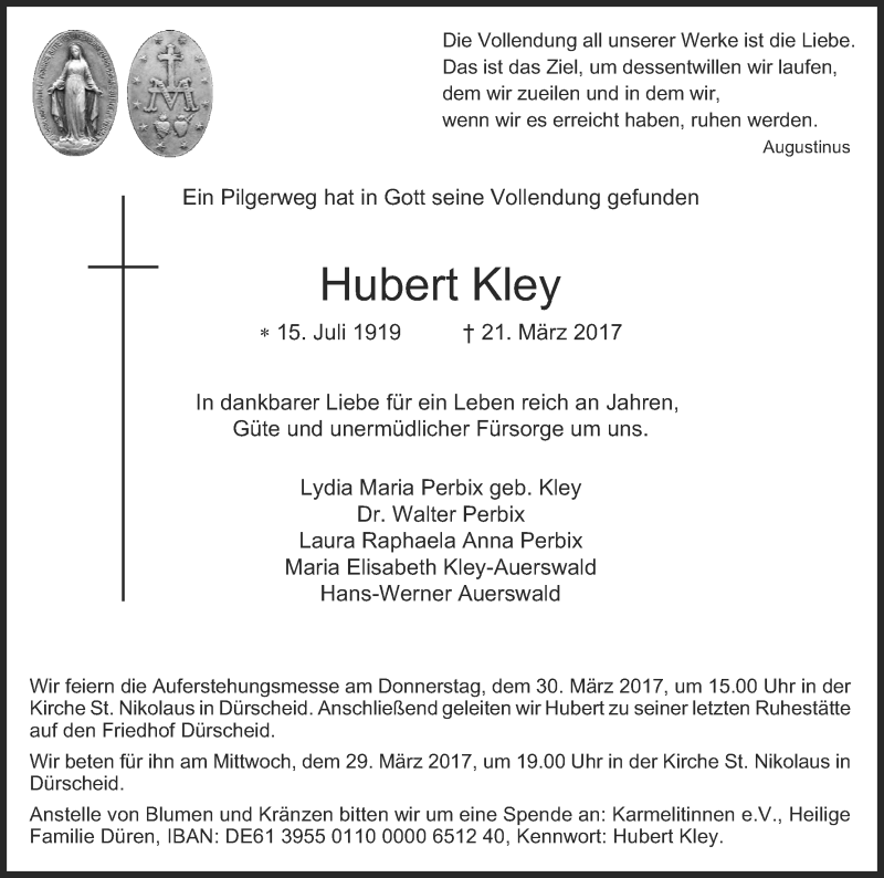  Traueranzeige für Hubert Kley vom 25.03.2017 aus Kölner Stadt-Anzeiger / Kölnische Rundschau / Express