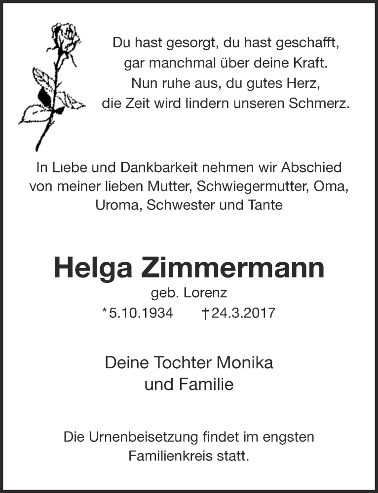  Traueranzeige für Helga Zimmermann vom 29.03.2017 aus  Kölner Wochenspiegel 