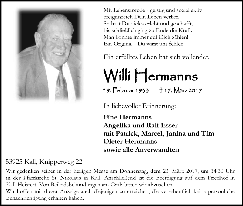  Traueranzeige für Willi Hermanns vom 21.03.2017 aus Kölner Stadt-Anzeiger / Kölnische Rundschau / Express