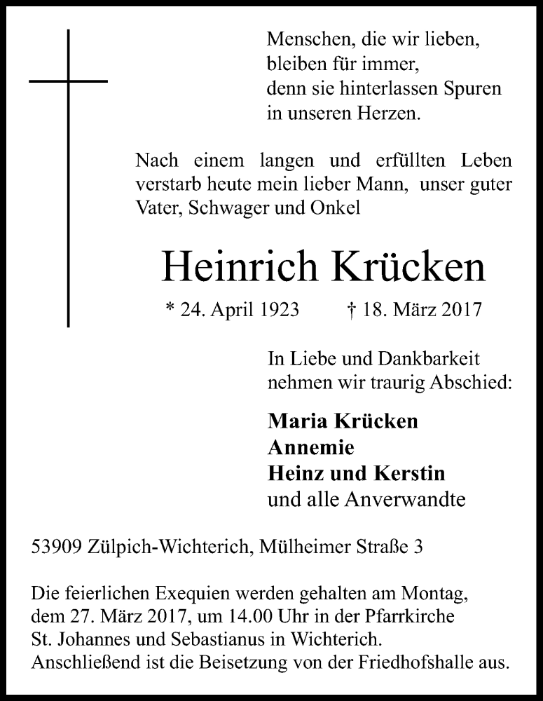  Traueranzeige für Heinrich Krücken vom 23.03.2017 aus Kölner Stadt-Anzeiger / Kölnische Rundschau / Express