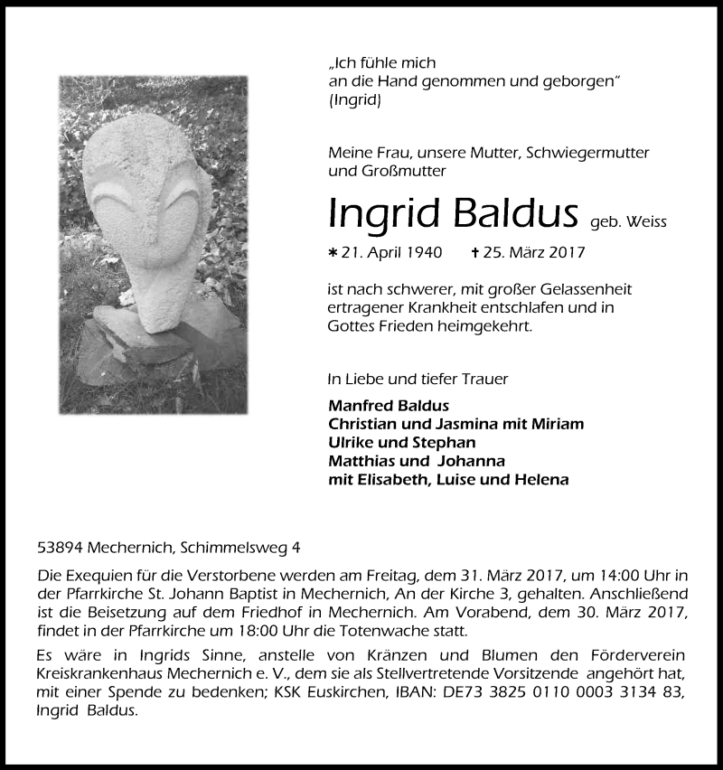  Traueranzeige für Ingrid Baldus vom 29.03.2017 aus Kölner Stadt-Anzeiger / Kölnische Rundschau / Express