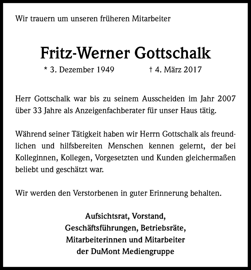  Traueranzeige für Fritz-Werner Gottschalk vom 18.03.2017 aus Kölner Stadt-Anzeiger / Kölnische Rundschau / Express