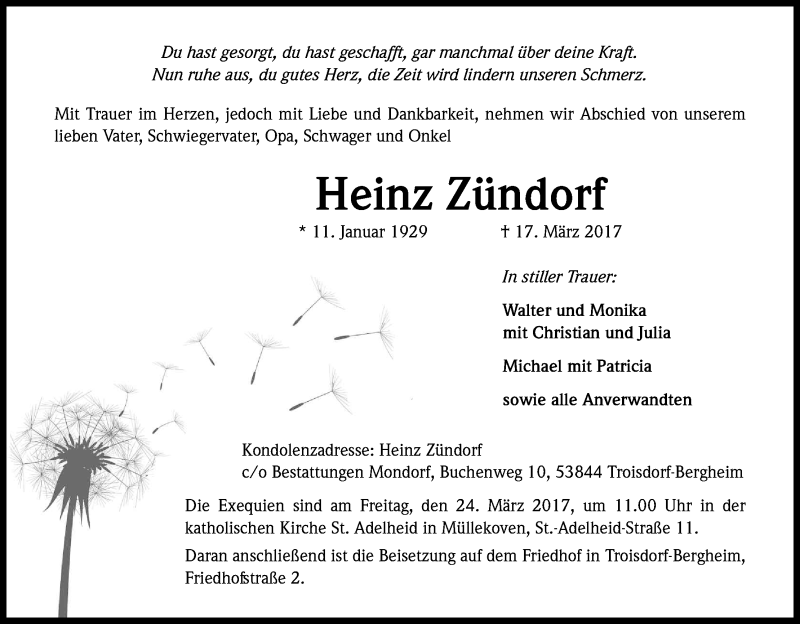  Traueranzeige für Heinz Zündorf vom 20.03.2017 aus Kölner Stadt-Anzeiger / Kölnische Rundschau / Express