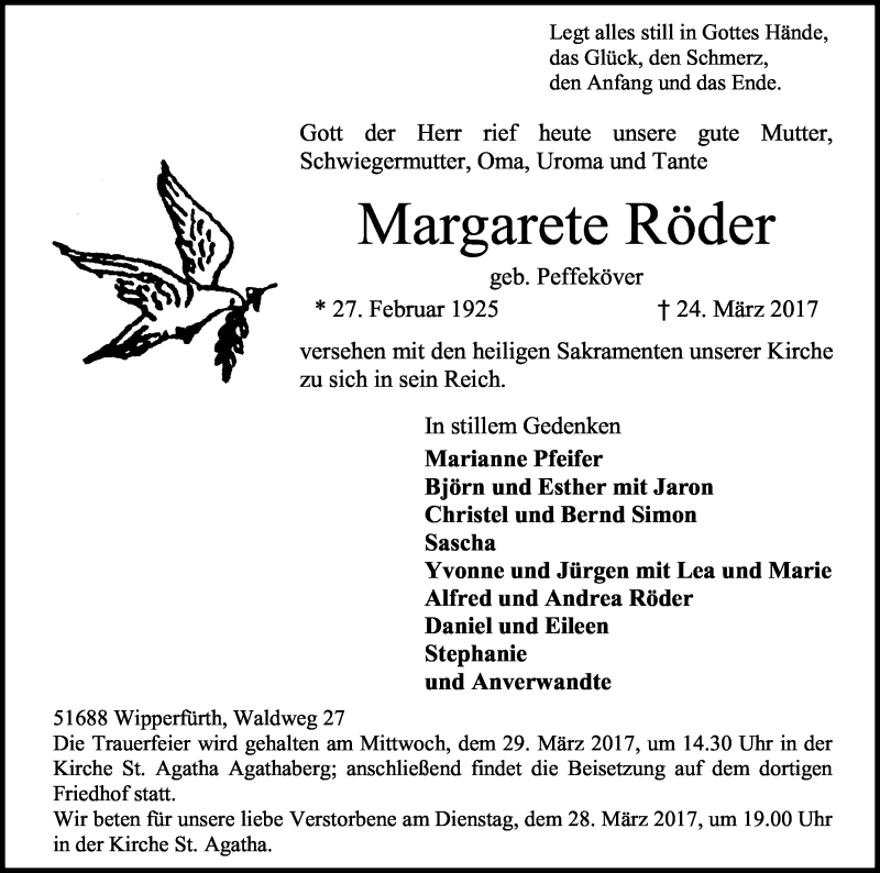  Traueranzeige für Margarete Röder vom 27.03.2017 aus Kölner Stadt-Anzeiger / Kölnische Rundschau / Express