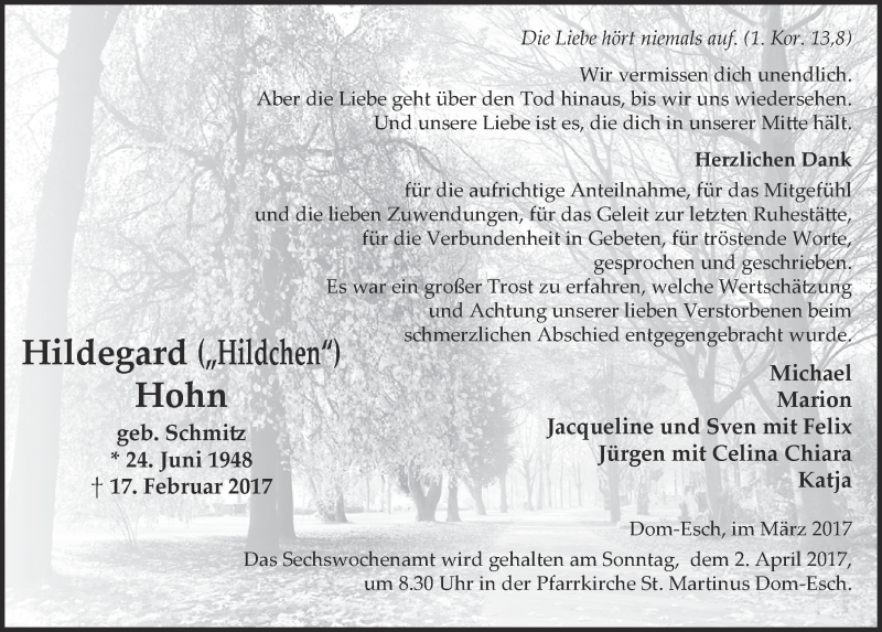  Traueranzeige für Hildegard Hohn vom 25.03.2017 aus  Blickpunkt Euskirchen 