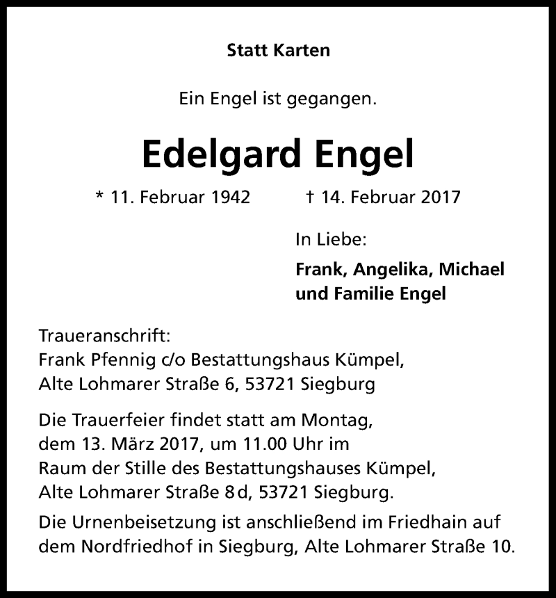  Traueranzeige für Edelgard Engel vom 04.03.2017 aus Kölner Stadt-Anzeiger / Kölnische Rundschau / Express