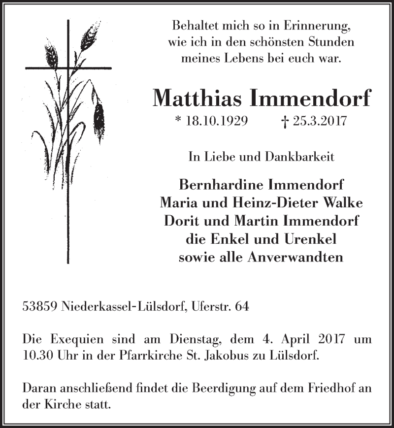  Traueranzeige für Matthias Immendorf vom 29.03.2017 aus  Extra Blatt 