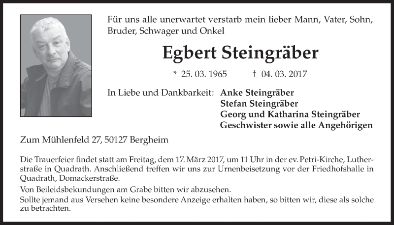  Traueranzeige für Egbert Steingräber vom 15.03.2017 aus  Werbepost 
