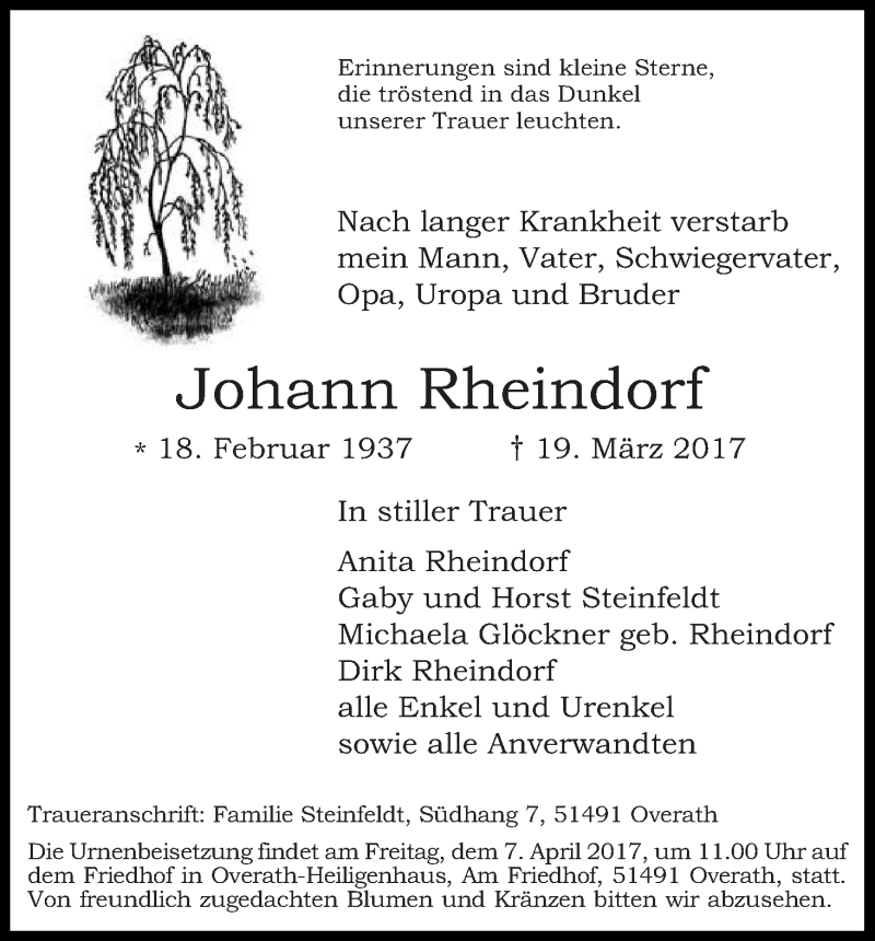  Traueranzeige für Johann Rheindorf vom 31.03.2017 aus Kölner Stadt-Anzeiger / Kölnische Rundschau / Express