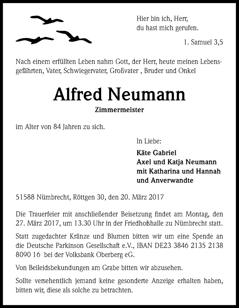  Traueranzeige für Alfred Neumann vom 23.03.2017 aus Kölner Stadt-Anzeiger / Kölnische Rundschau / Express