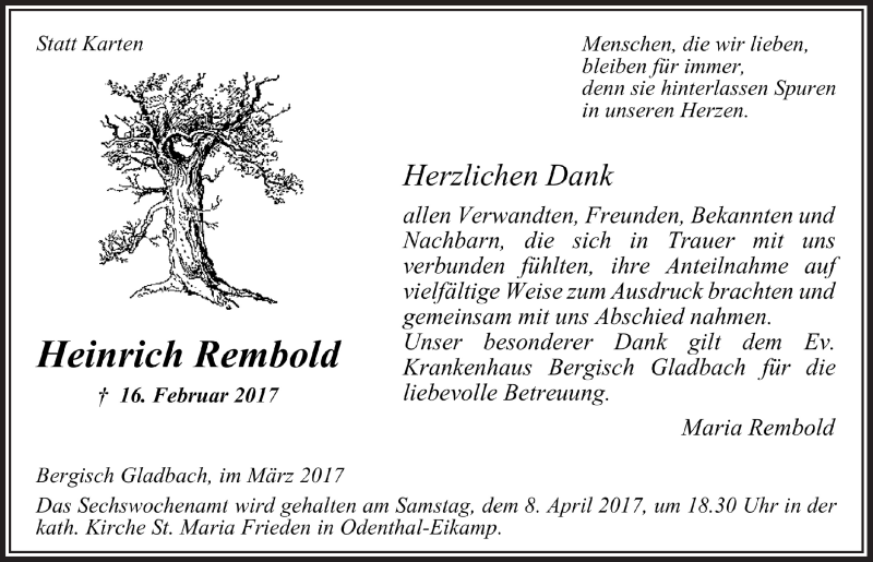  Traueranzeige für Heinrich Rembold vom 29.03.2017 aus  Bergisches Handelsblatt 