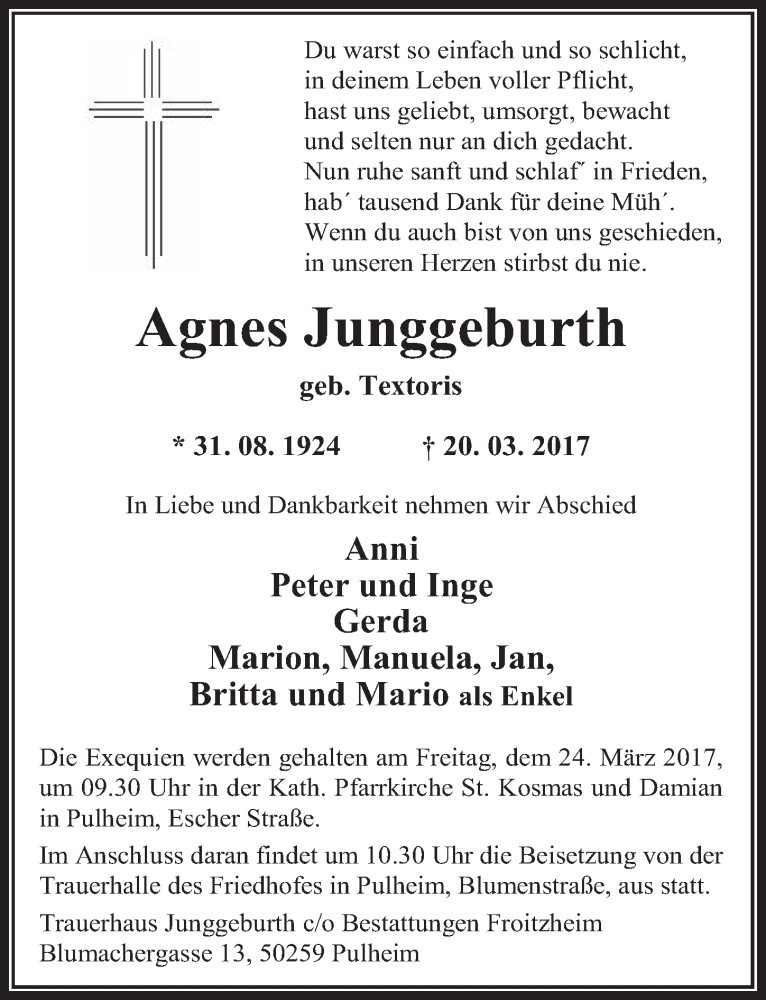  Traueranzeige für Agnes Junggeburth vom 22.03.2017 aus  Wochenende 
