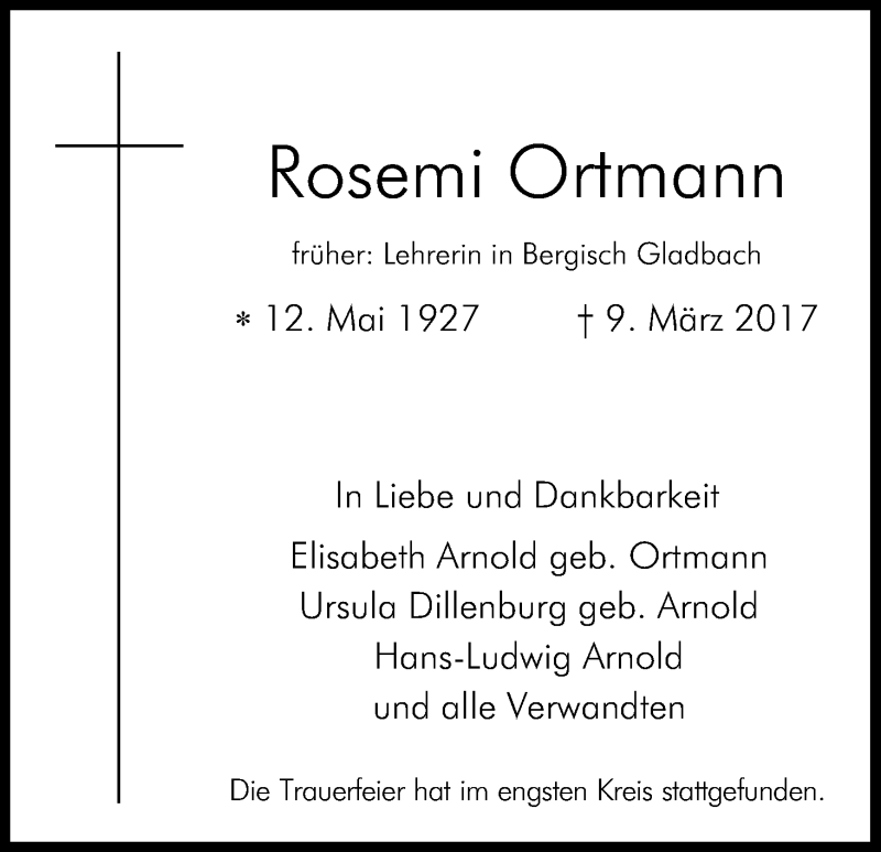  Traueranzeige für Rosemi Ortmann vom 29.03.2017 aus Kölner Stadt-Anzeiger / Kölnische Rundschau / Express