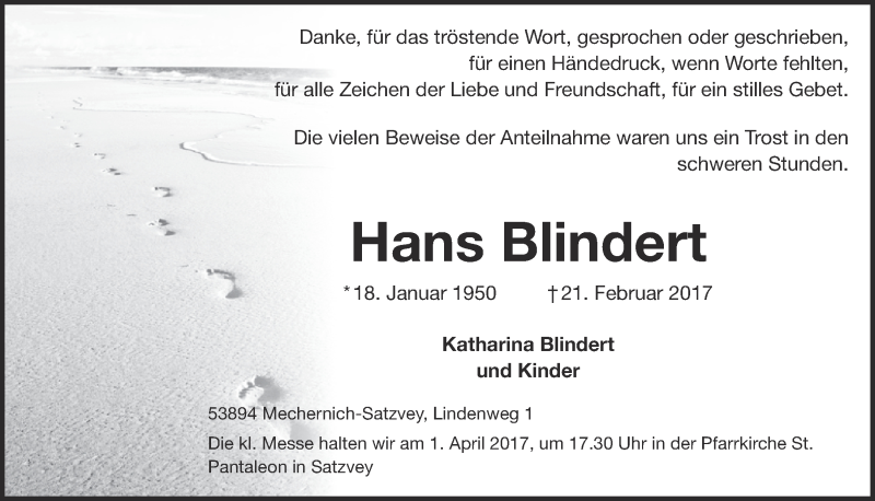  Traueranzeige für Hans Blindert vom 25.03.2017 aus  Blickpunkt Euskirchen 