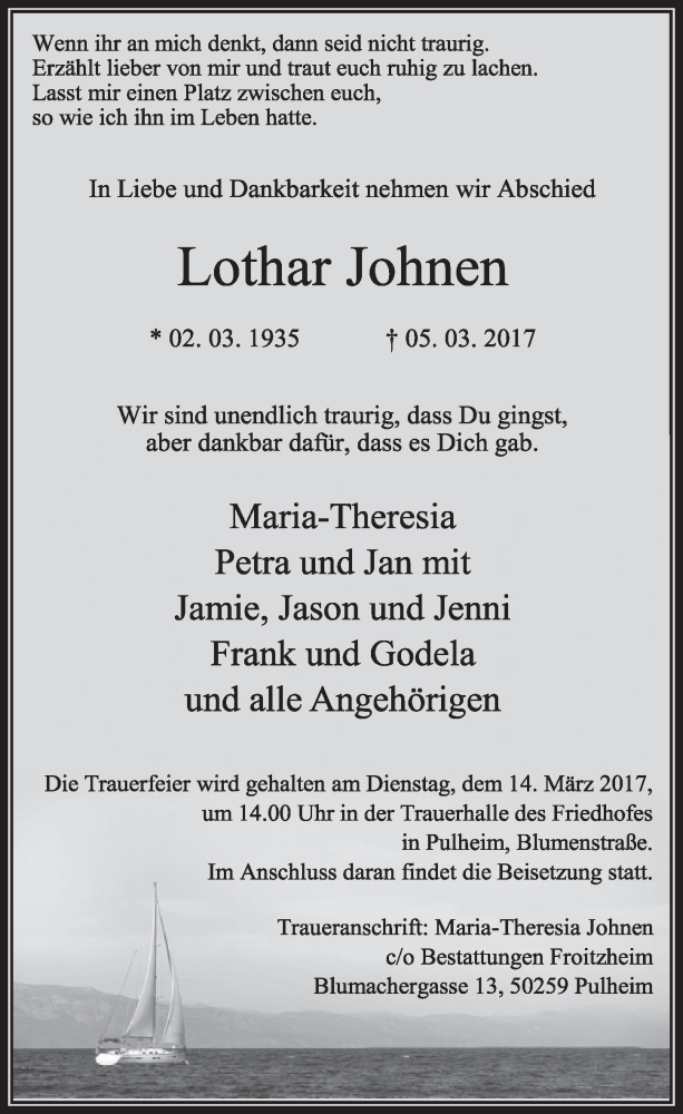  Traueranzeige für Lothar Johnen vom 11.03.2017 aus  Sonntags-Post 