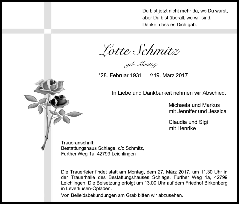  Traueranzeige für Lotte Schmitz vom 24.03.2017 aus Kölner Stadt-Anzeiger / Kölnische Rundschau / Express